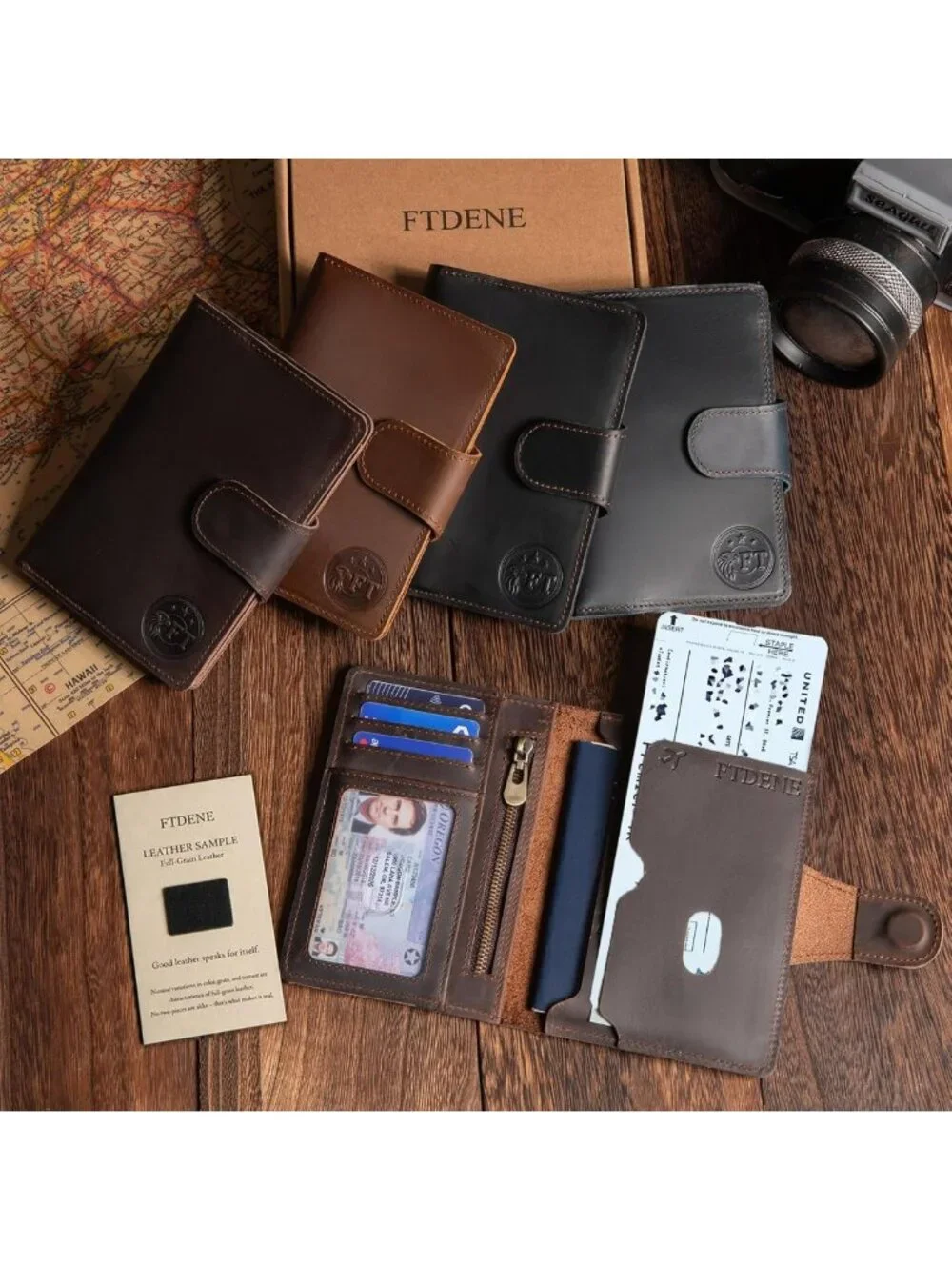 Slim Leather Passport Wallet for Travel, RFID Blocking, AirTag Slot, 2-3